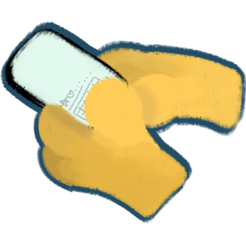 Two yellow paws holding a cellphone and typing on it, outlined in dark blue.